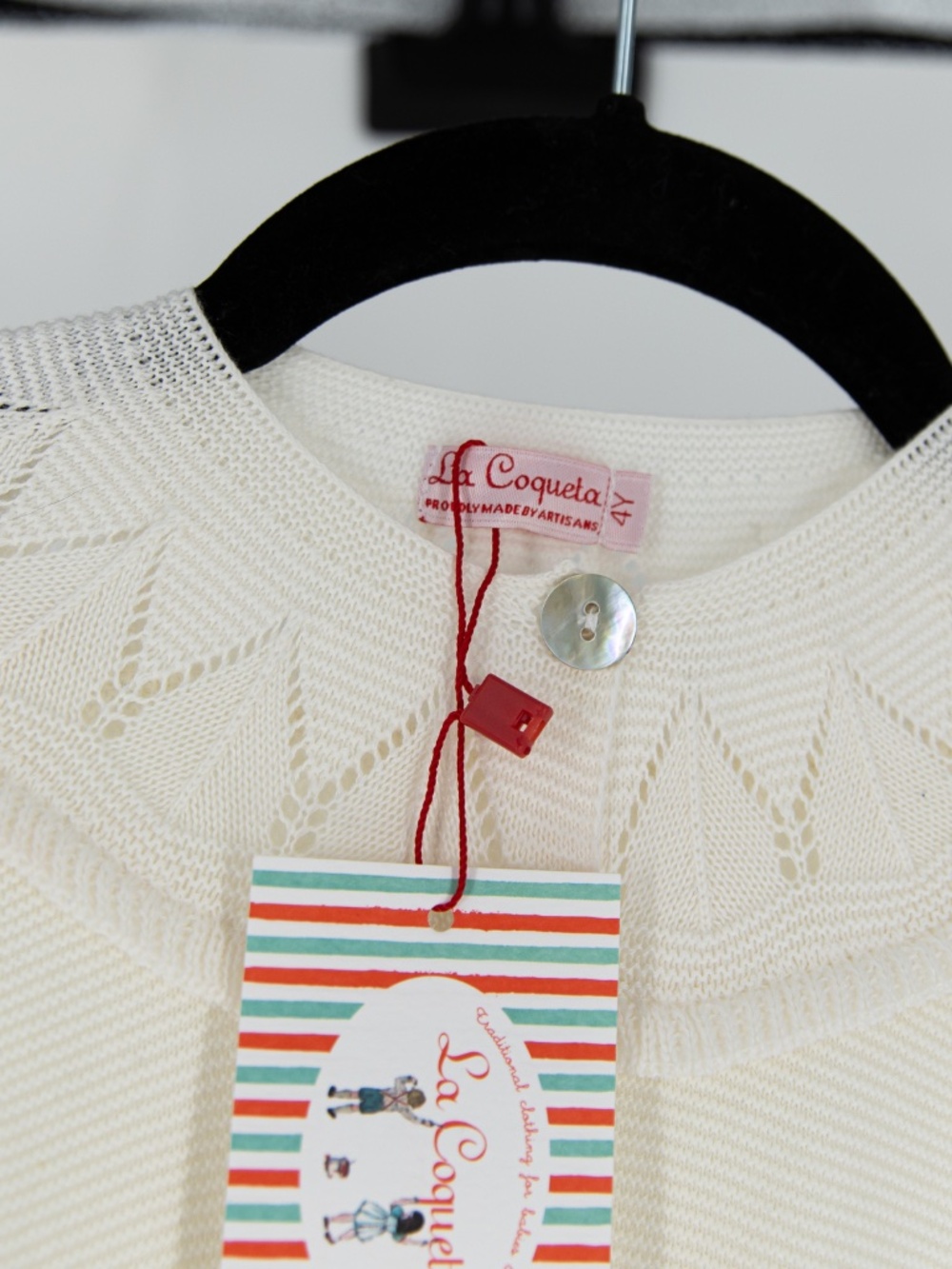 NEW La Coqueta Baena Girl Cotton Knit Stretch Crew Neck Cardigan Sweater Ivory 4 - Picture 2 of 4
